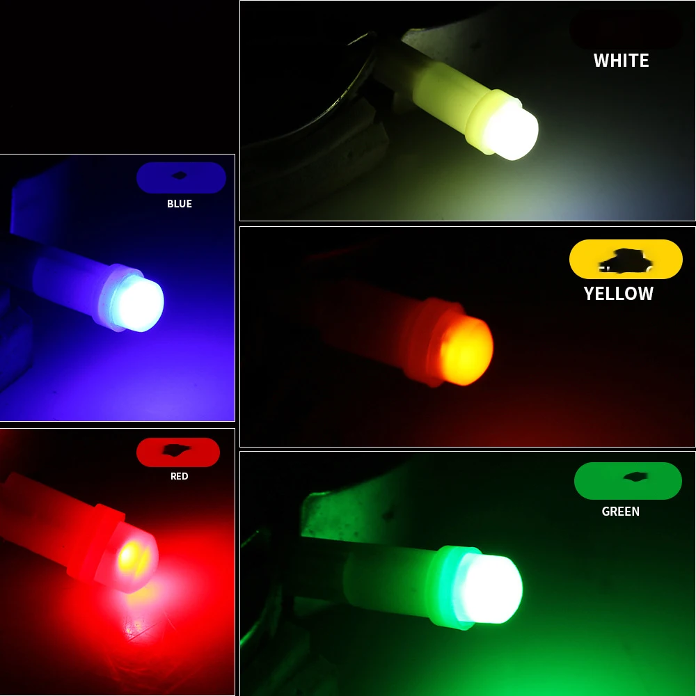 10PCS W1.2W Socket T5 LED 12V Car Auto Side Wedge Dashboard Gauge Instrument Light Lamp Bulb Ice Blue Red Green Yellow