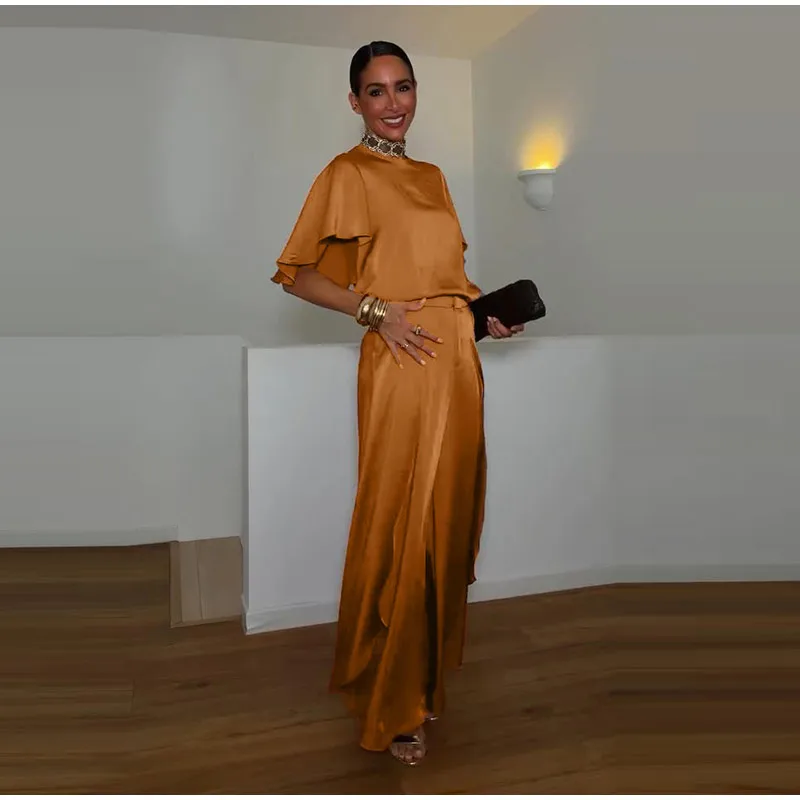 O-Ausschnitt Kurzarm Plissee-Oberteil Hosen-Sets Damen Streetwear Einfarbige Lose Blusen-Oberteile Unregelmäßige Weite Hosen Schicke Damen-Outfits – Detail 4
