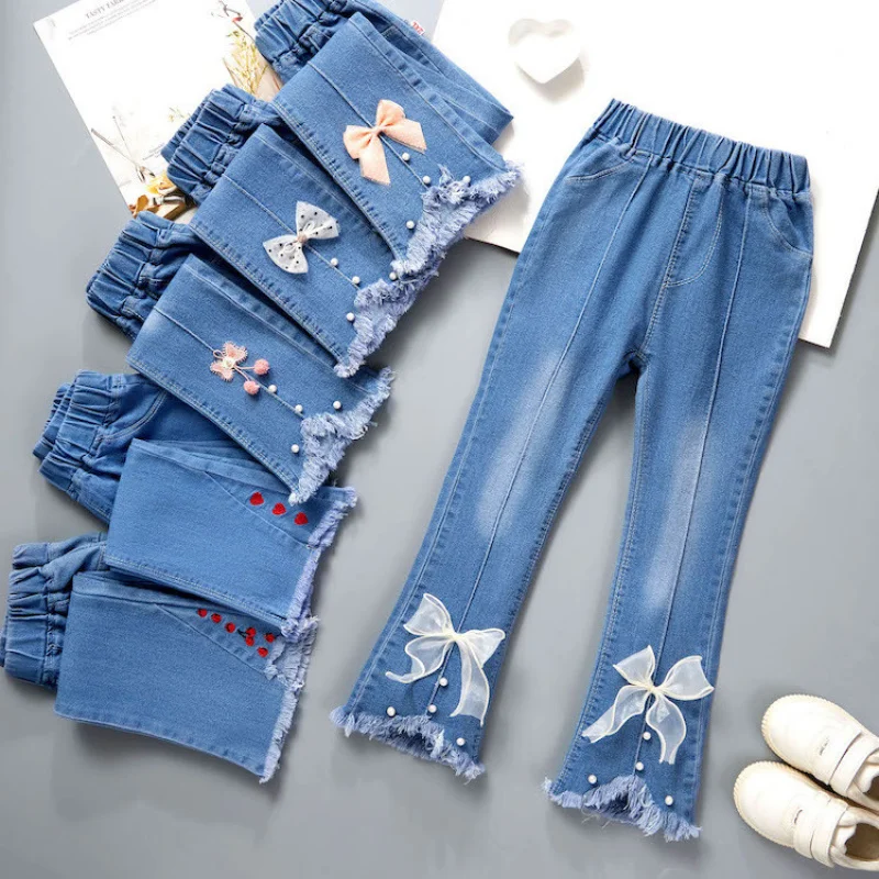 

Girls Blue Jeans for Children's Fashion Clothing Princess Kids Denim Wide-leg Pants Baby Teens Girl Flared Bow Applique Trousers