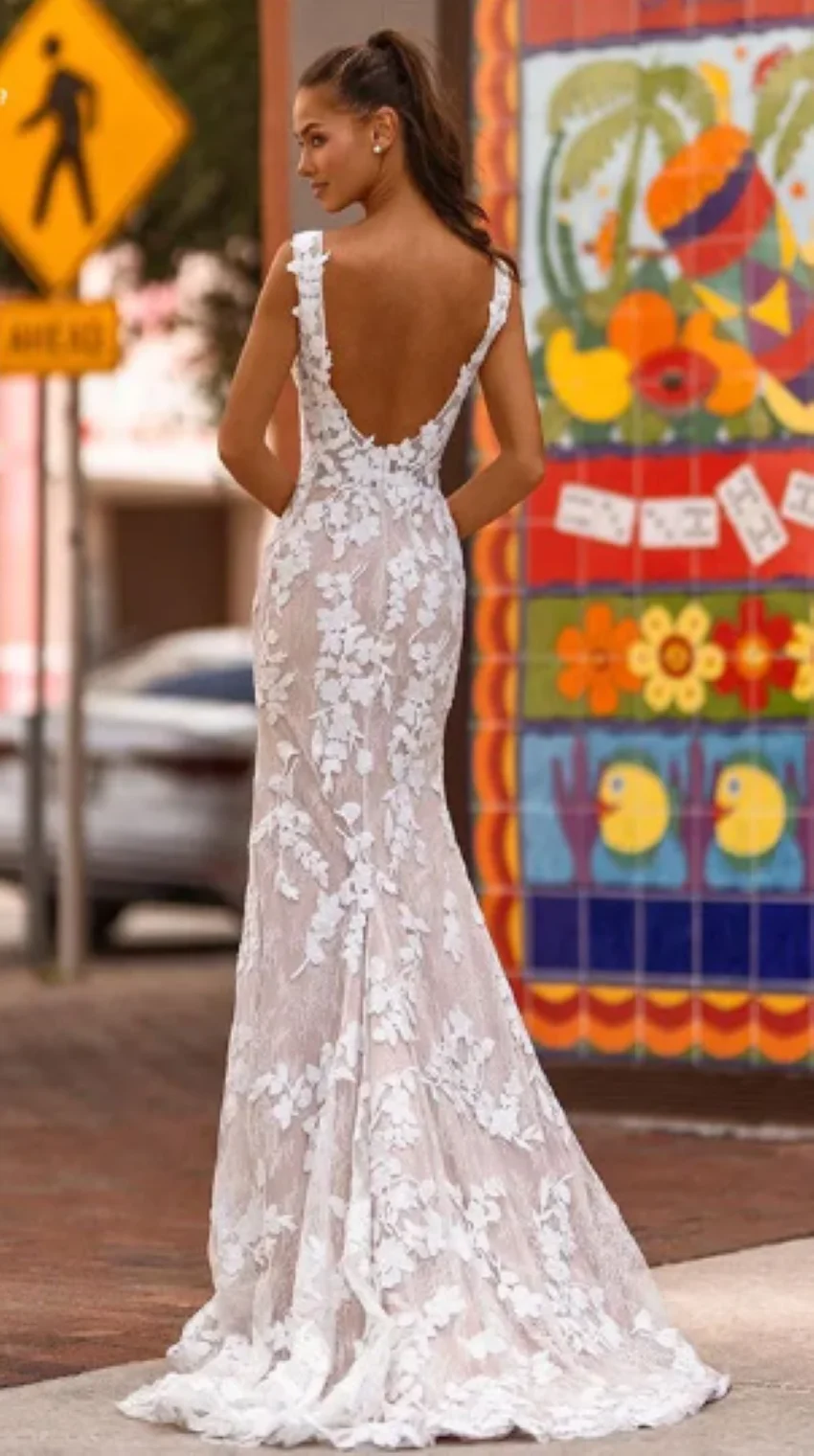 Othray Beach-vestido de novia elegante con cuello redondo y espalda descubierta, vestido de novia de sirena de encaje sin mangas con apliques hechos a medida