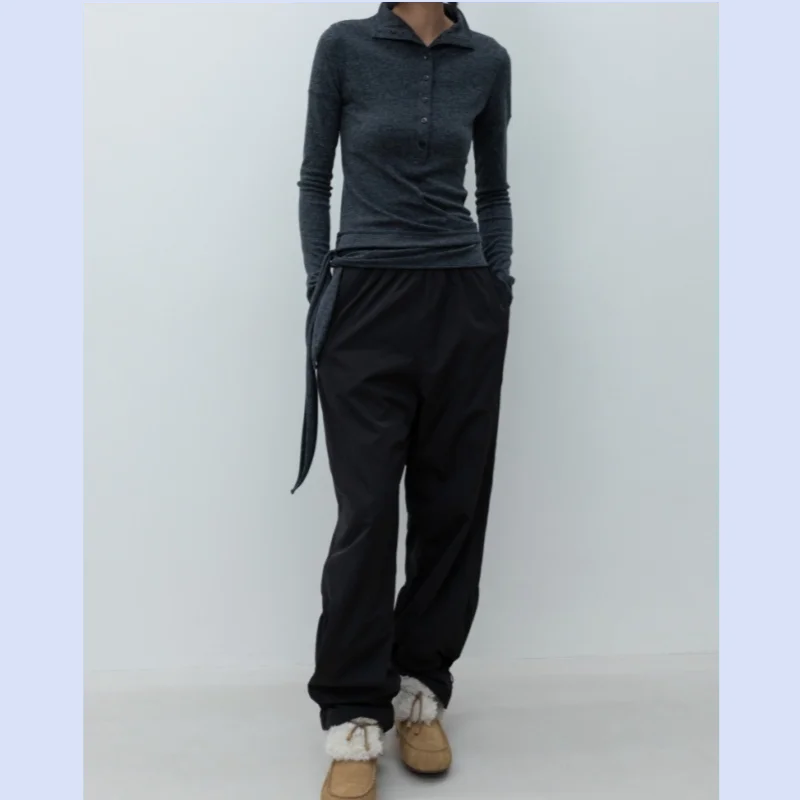 Women's half-high collar lace-up top, new style for spring and autumn, irregular ribbed long-sleeved T-shirt top