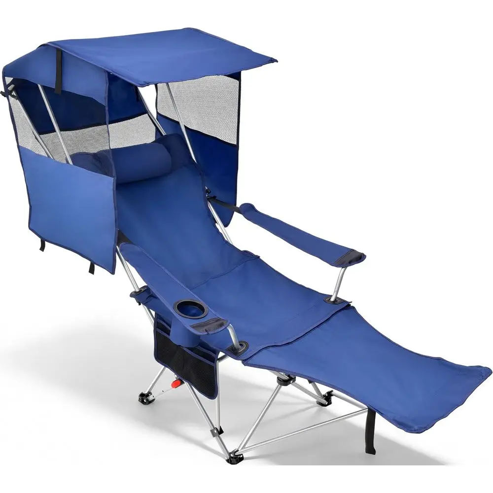 

Пляжное кресло-шезлонг с навесом и подставкой для ног, 4-позиционное кресло для кемпинга с регулируемым навесом и съемной подставкой для ног
