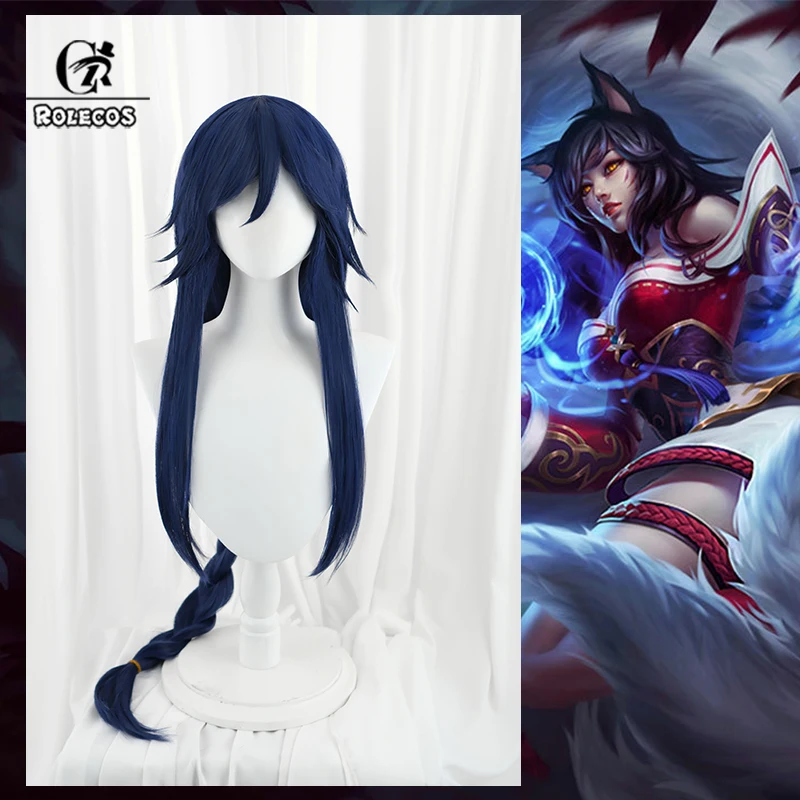 Peruka do cosplayu ROLECOS z gry LOL, Lisica z dziewięcioma ogonami Ahri, 100 cm, ciemnoniebieska, peruki damskie, włosy syntetyczne odporne na ciepło