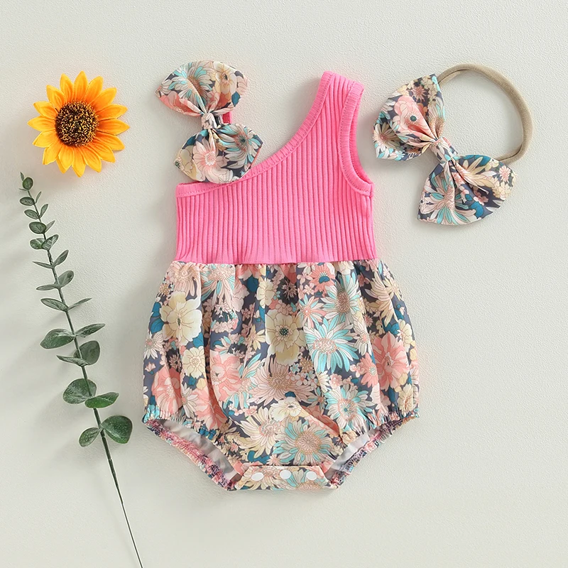 Newborn Infant Baby Girl Princess Rompers Floral Print One Shoulder Bow Jumpsuit Headband Sunsuit Baby Summer Clothing 0-18M