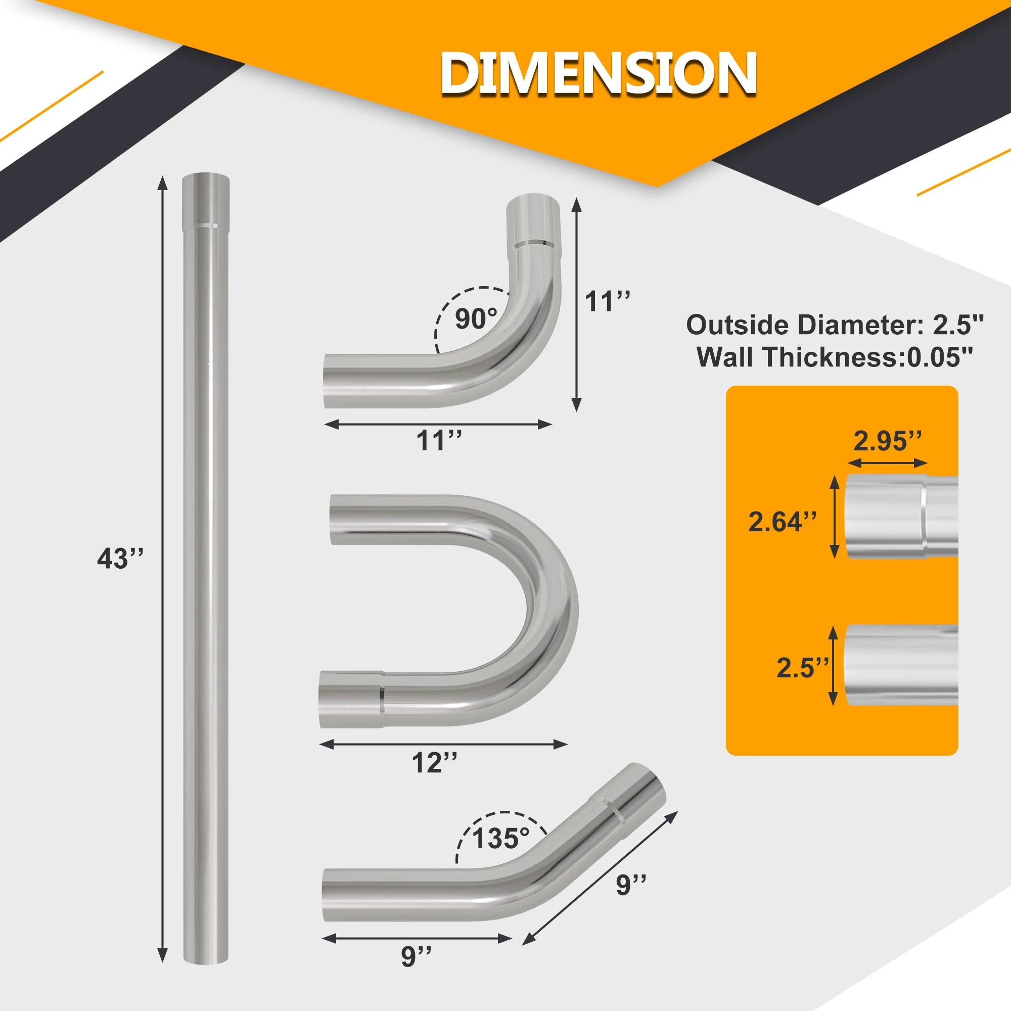 2.5'' Inch OD Steel Exhaust Pipe Kit, Mandrel Bends, 16PCS | 43' Straight Pipes, 180 Degree U-Bends, 45 and 90 Degree, One Side Expanded