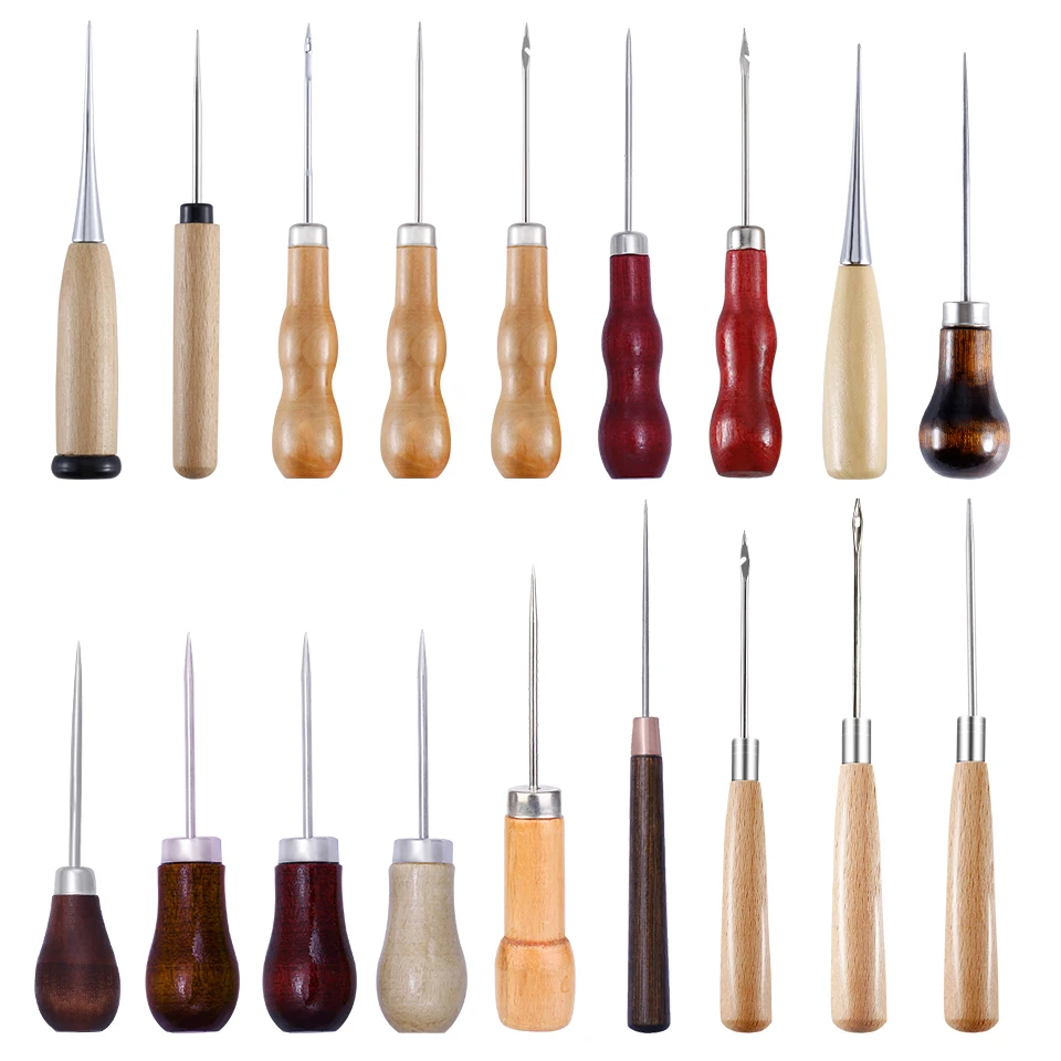 1Pc Complete Awl Set Small Size Wooden Handle Metal Tip Leather Stitching Awls for Home Sewing Leather Making and Hole Punching