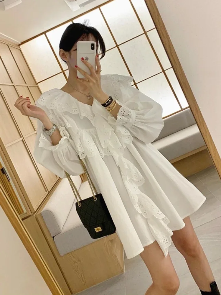 Korobov Fashion Lotus Collar Shirt Dress Hollow Lace Puff Sleeve Lantern Sleeve Vintage gonna corta a vita alta abiti coreani