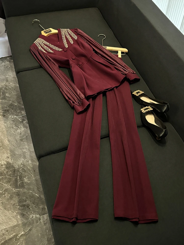 

Elegant 2026 New Splicing Lace Long Sleeve Diamond Fashion High Waist Pants Suit Set WY441 Women's Premium Fashion Outfit