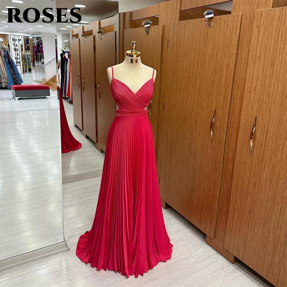 ROSES-vestido de noche rojo sandía arrugado con tiras finas, vestido de fiesta, playa, plisado, gasa, 프레레스 스