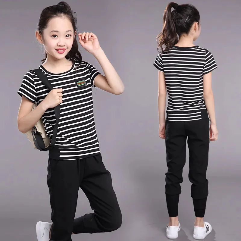 Boys Girls Clothing Set Summer 2024 New Casual O-Neck Short Sleeve Striped Children Teedns Clothes For 4-14T