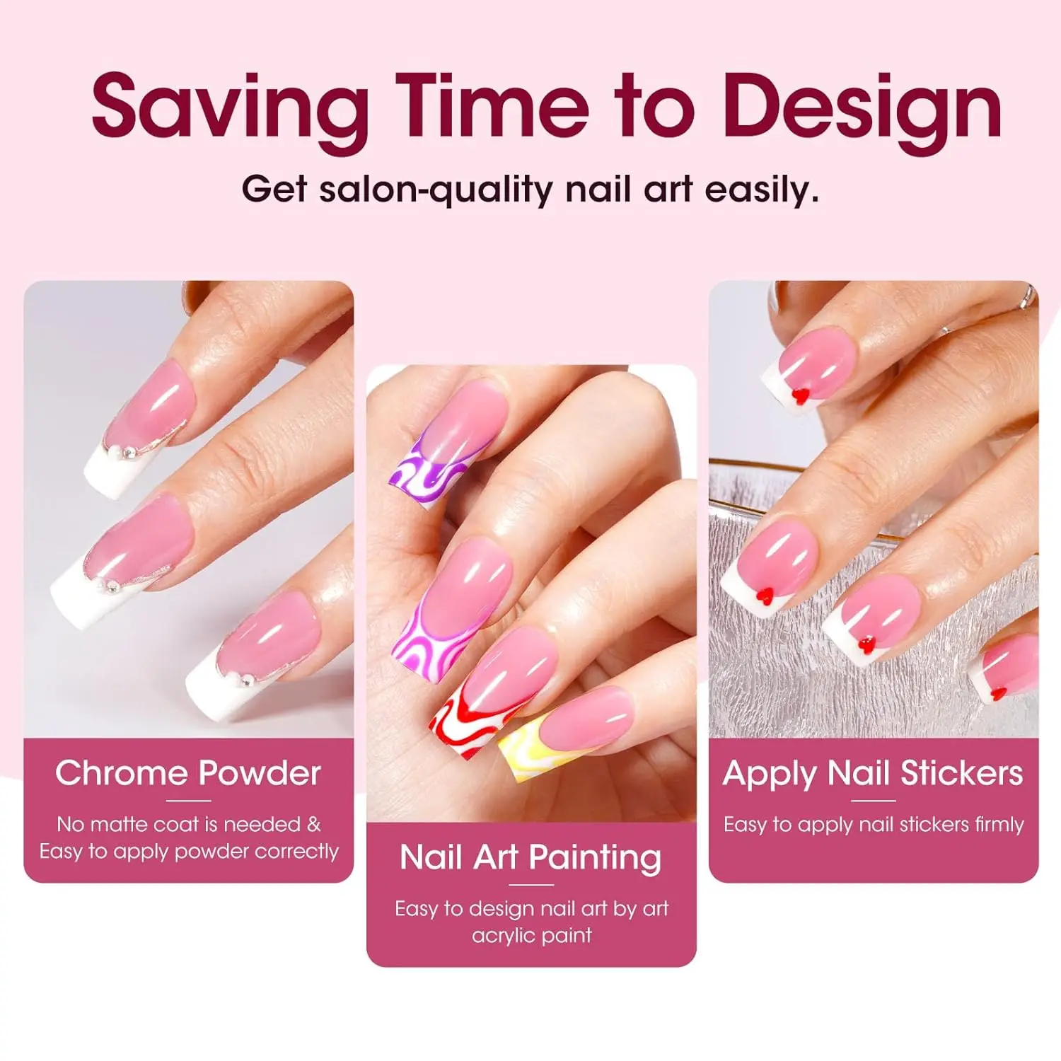 GELLEN Kwadratowe Miękkie Sztuczne Paznokcie French Tips 3 w 1 z Żelowym Klejem, 330 sztuk, 15 Rozmiarów, Różowe, Długotrwałe, Utwardzane Lampą UV, Sztuczne Paznokcie