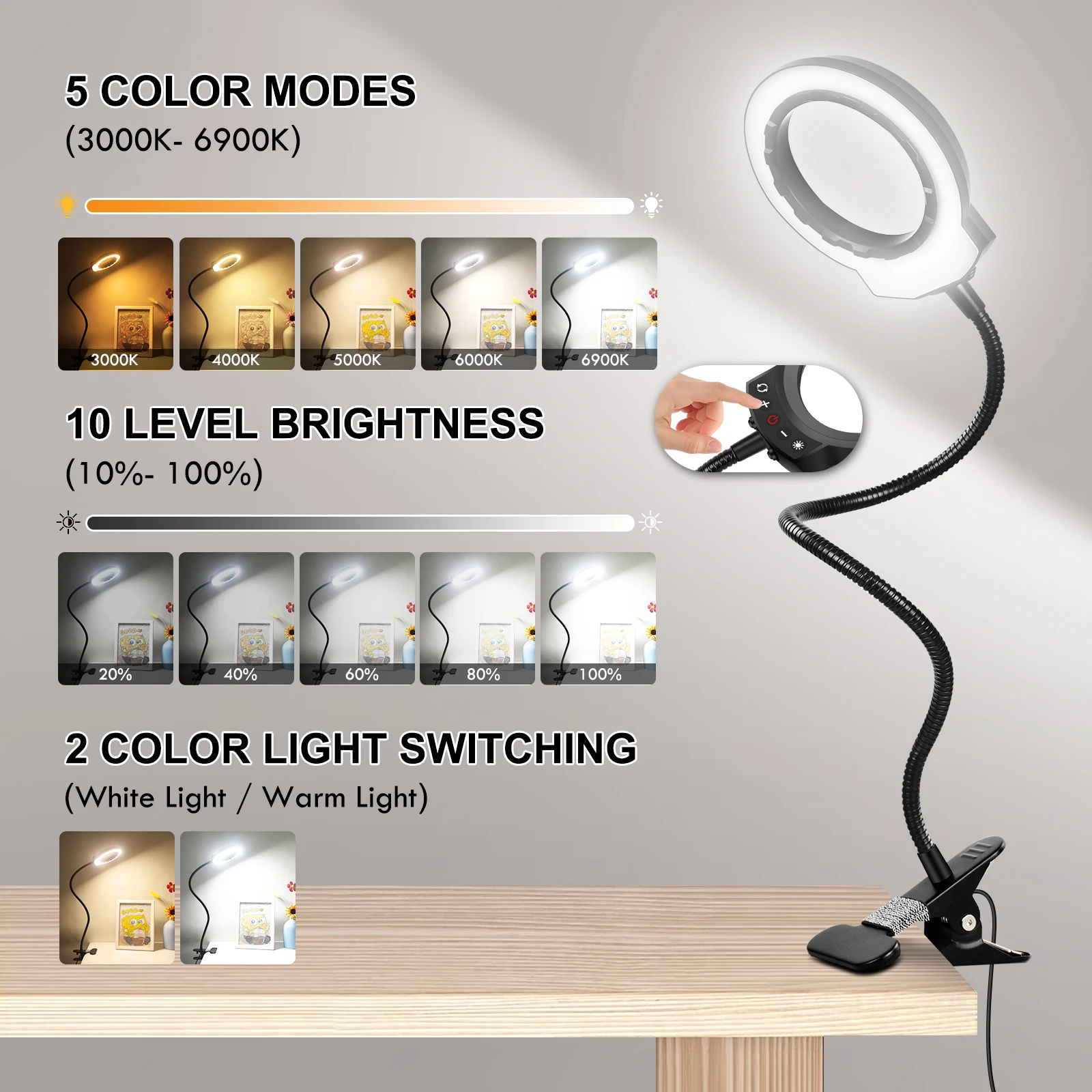 NEWACALOX 5X+10X Magnifying Glass with Light Flexible Gooseneck Arm 5 Color Modes Magnifier Lamp Reading Lamp for DIY Craft