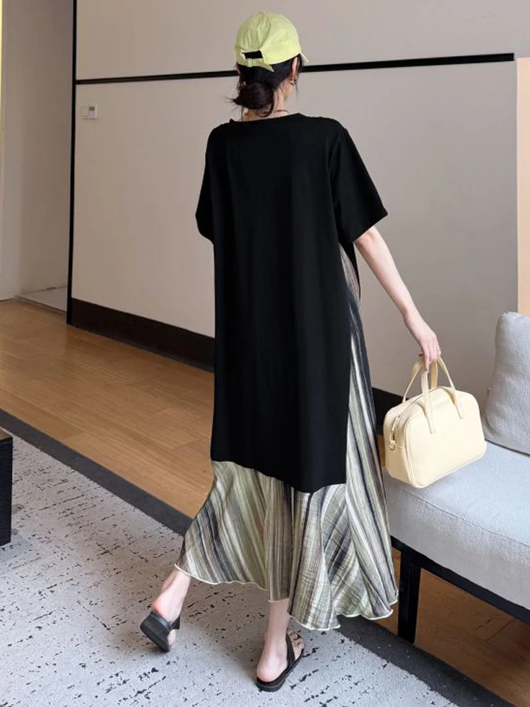 NYFS Abito estivo da donna Allentato plus Size Manica corta Patchwork nero Orlo in seta Abito lungo Robe Ete Femme Elbise 2025 Nuovo