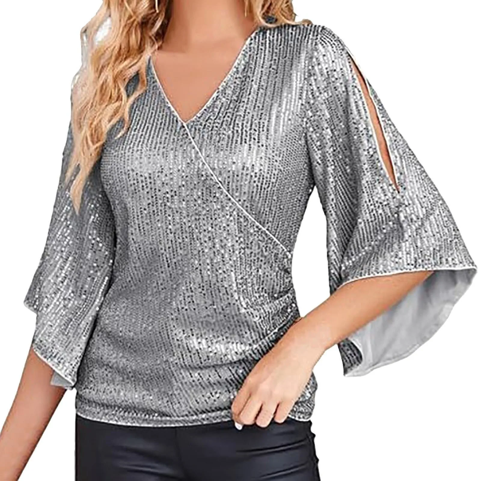 Womens Sequin Tops 3/4 Sleeve Glitter Sparkly Party Blouse V Neck Dressy Tops For Evening Denim Long Sleeve Shirt for Women