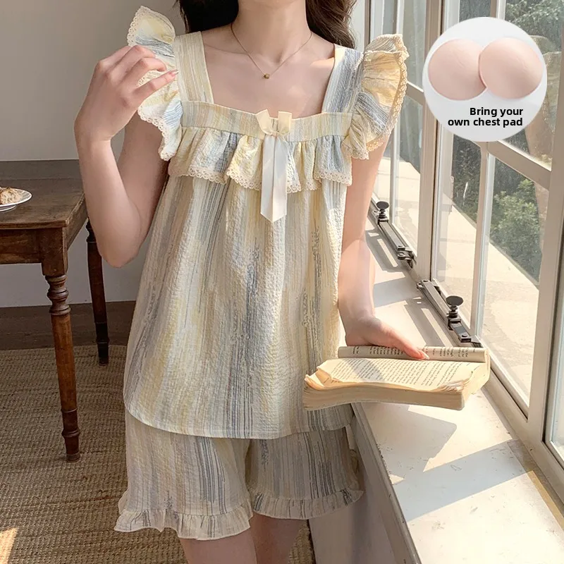 

2025 New Women's Cotton Spwear with Chest Pad Ruffle Princ Loose Home Clothes Set Summer Sle Sweet Home Scene