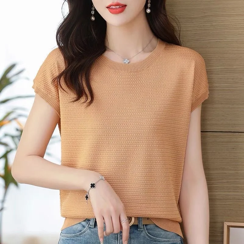 아웃렛 아이스 실크 니트 라운드 넥 얇은 여름 상의 엄마 출퇴근용 루즈핏 레귤러 소매 길이