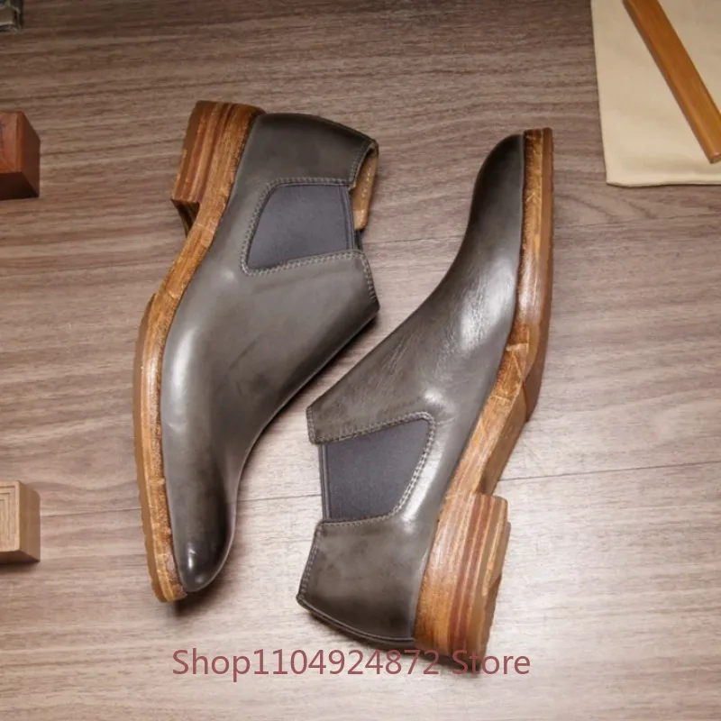 Designer Luxury Cowhide Washed Low Top Chelsea Boots Men's Shoes Handmade Retro Genuine Leather Ankle Boots Male Leather Shoes