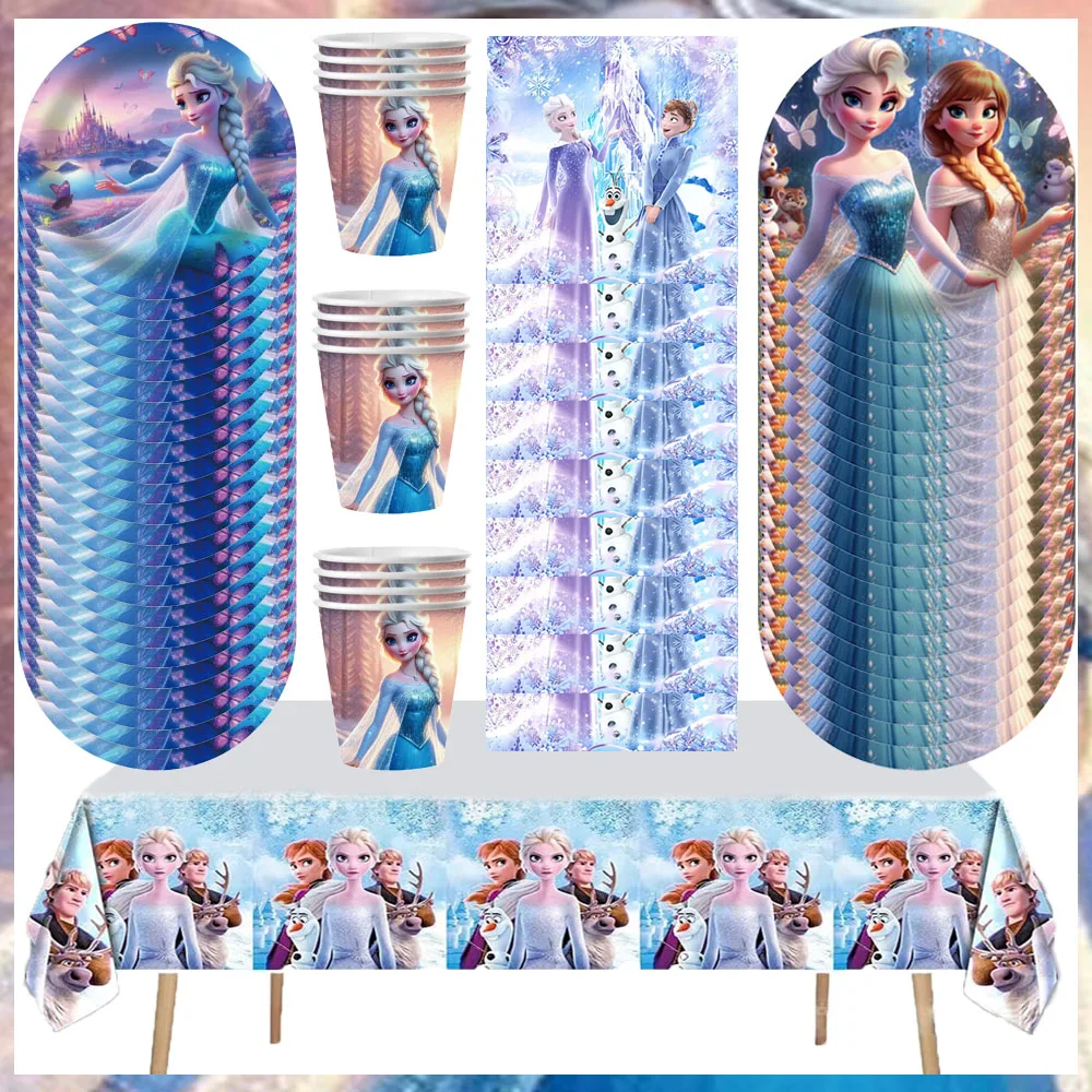 

New 10pcs Disney Frozen Elsa Anna disposable tableware tablecloth paper cup napkin birthday party decoration
