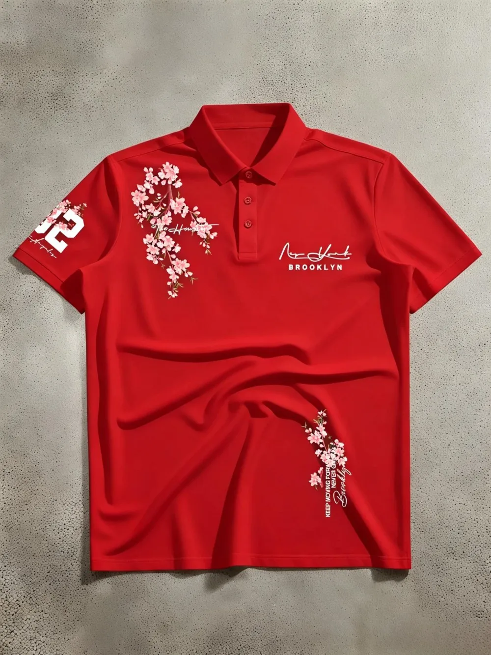 Amerikanisches Herren-Sommer-Polo-T-Shirt mit Kirschblüten- und Brooklyn-Buchstaben-Print, weich, atmungsaktiv, kurzärmelig, für Outdoor und Freizeit – Detail 6