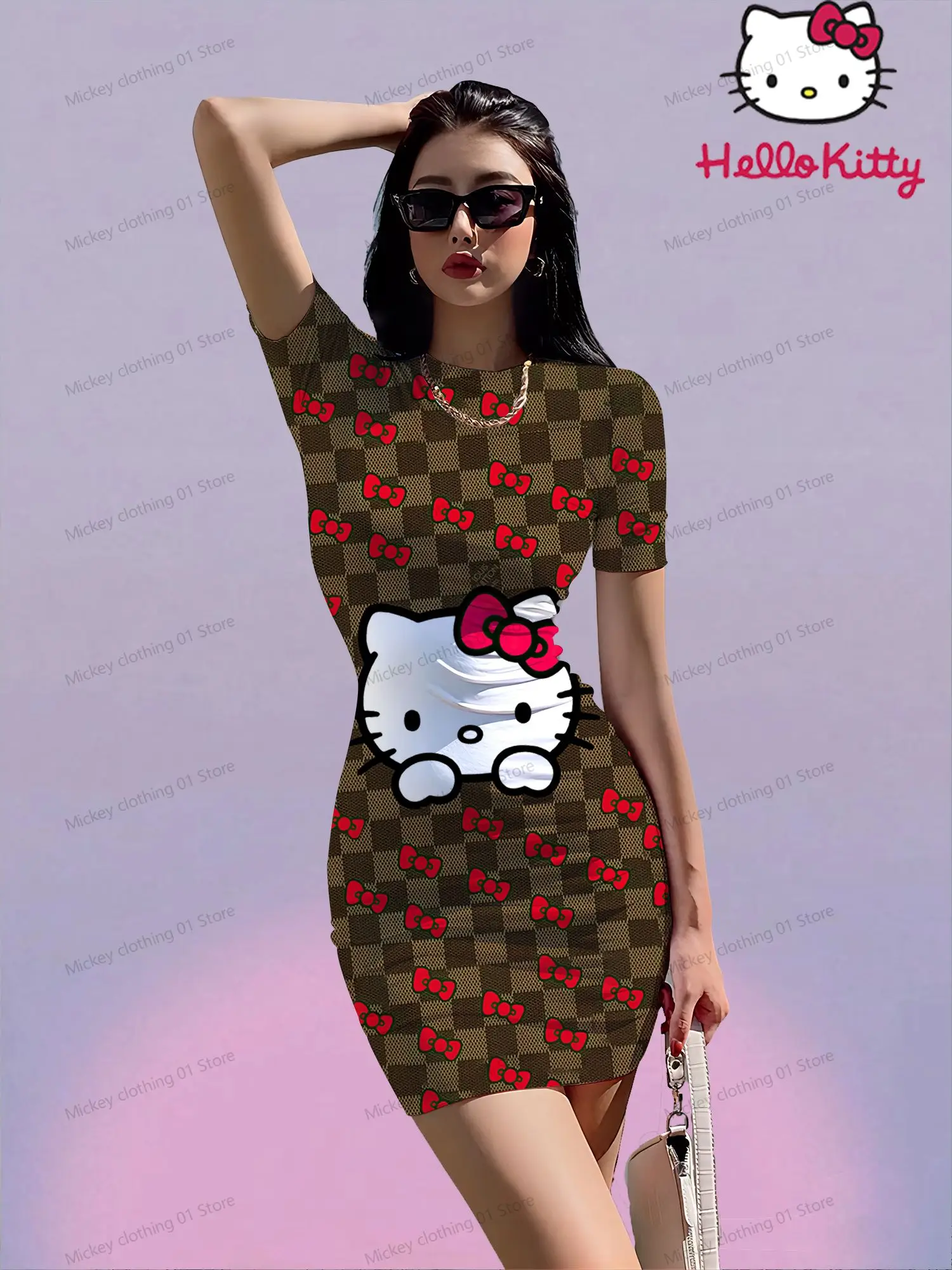 

Hello Kitty Women's Short Sleeve Hip Dresses O Neck Kawaii Spicy Girl Dress S-3XL Boho Youthful Woman Clothes 2024 Summer Y2k