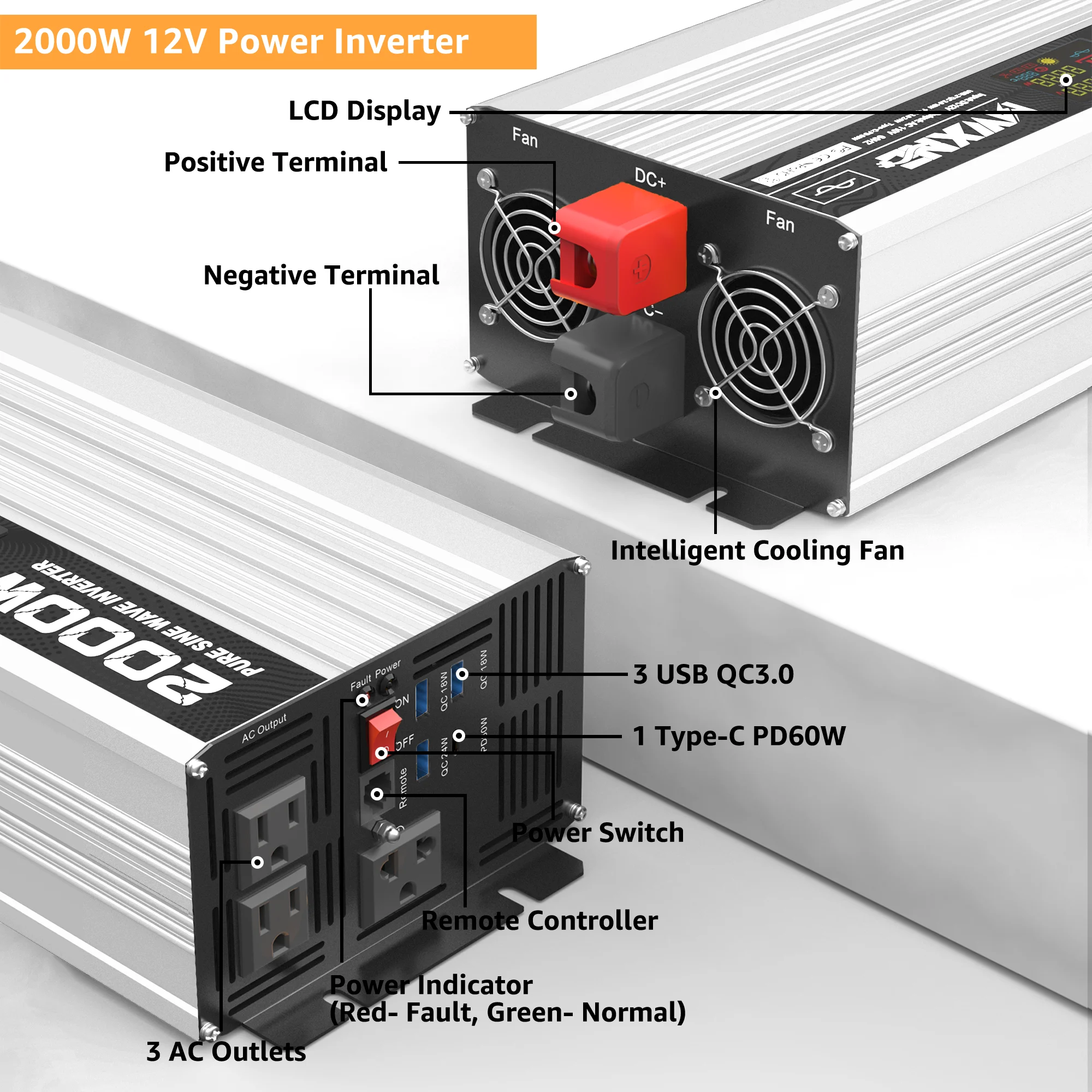 Car RV Power Inverter 12V 24V 48V to 110V 120V Pure Sine Wave Inverter 1000W 2000W 3000W 4000W 5000W for Outdoor Use