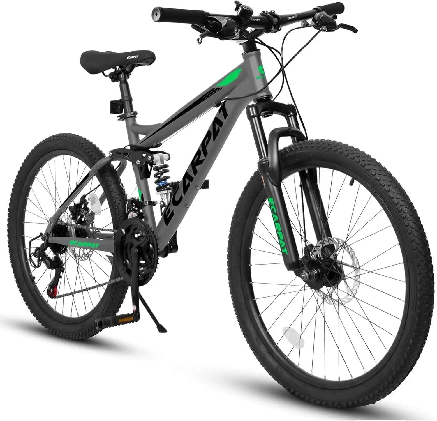 Mountain Bike with Full Suspension, 21 Speed Shifter Lever with Gear Indicator, High Carbon Steel Frame, Mechanical Disc Brakes
