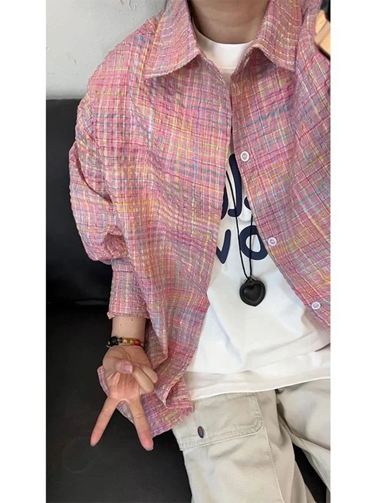 

Men's Summer Lightweight Bubble irt ort Sve Plaid Design Cool Silk Dopane Couple Outerwear Loose Fit Breathable