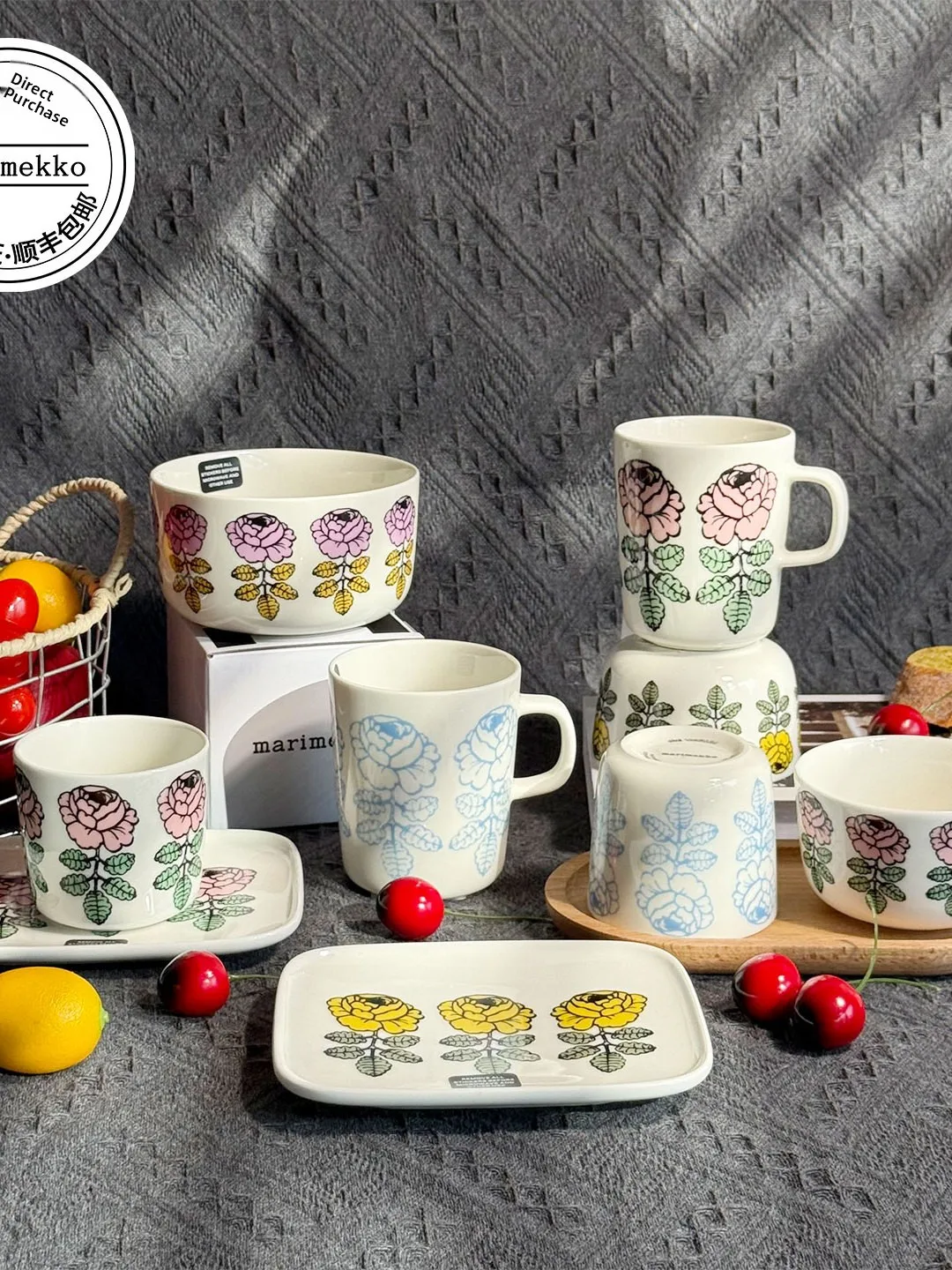 

Marimekko Vihkiruusu Rose Series Ceramic Mug Bowl Plate Handheld Design Trendy Style Dining Utensils Made in Thailand
