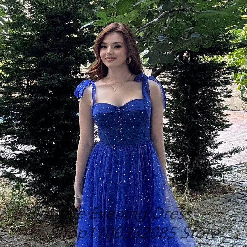 2025 Star Sequin Tulle A Line Long Beach Summer Prom Dress For Graduation Straps Sweetheart Neck Royal Blue Floor Length Evening