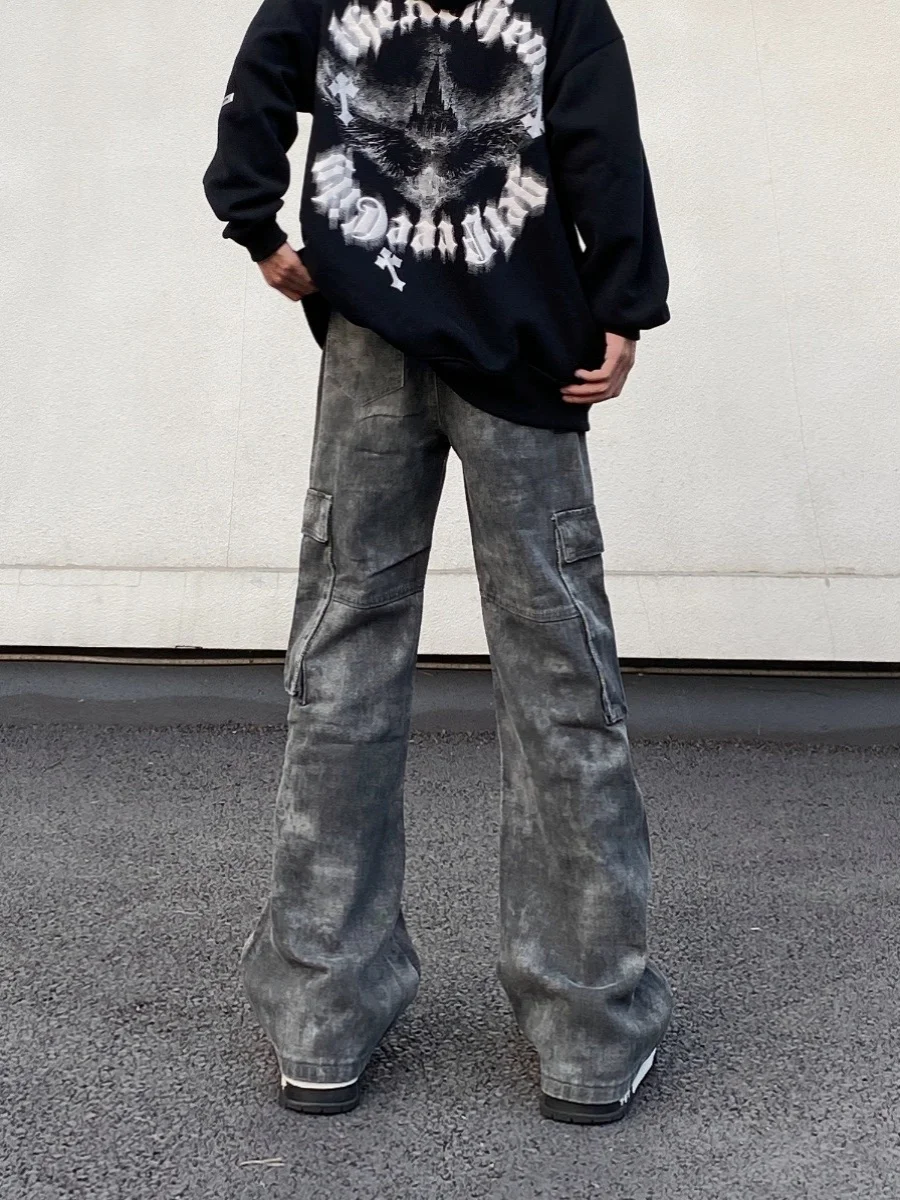 RORORIRI Men Rivets Denim Cargo Pants Women Camo Multi Pocket Retro American Low Wide Flare Jeans Vintage High Street Clothes