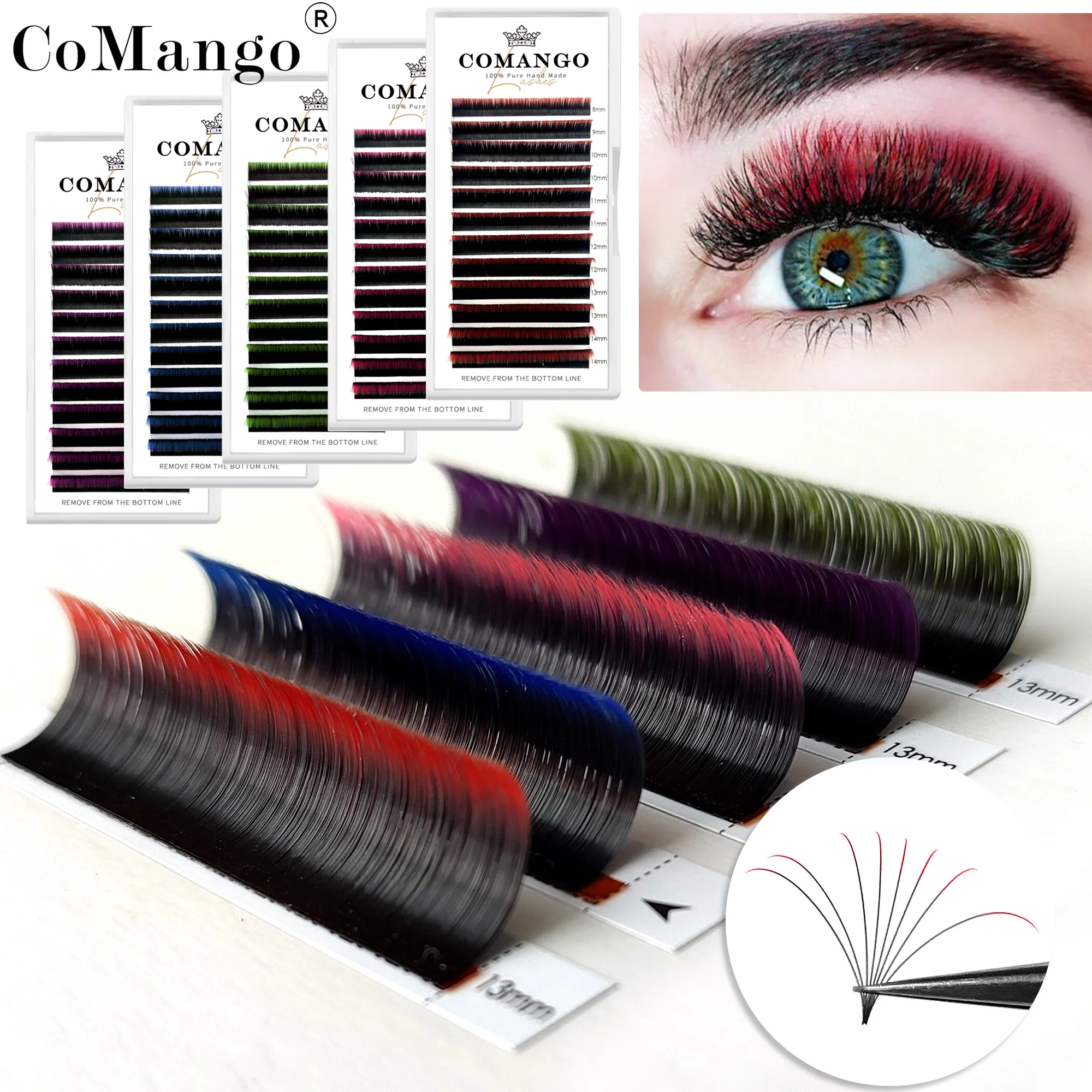 CoMango Easy Fanning gradiente rojo verde azul púrpura extensión de pestañas Ombre ojo falso pestañas de colores herramienta de maquillaje