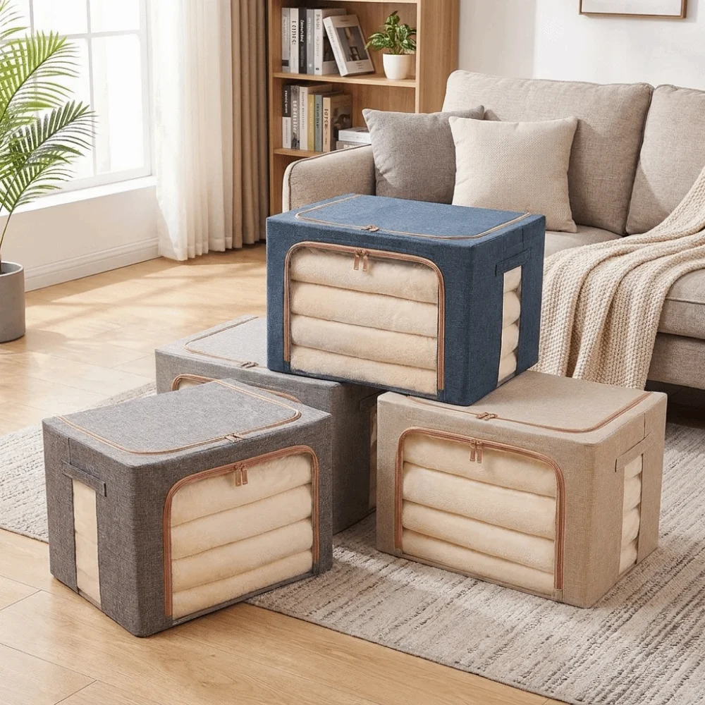 Clear Window Clothes Quilt Storage Bins Large Capacity Dust-proof Toy Storage Box Space Saving Steel Frame