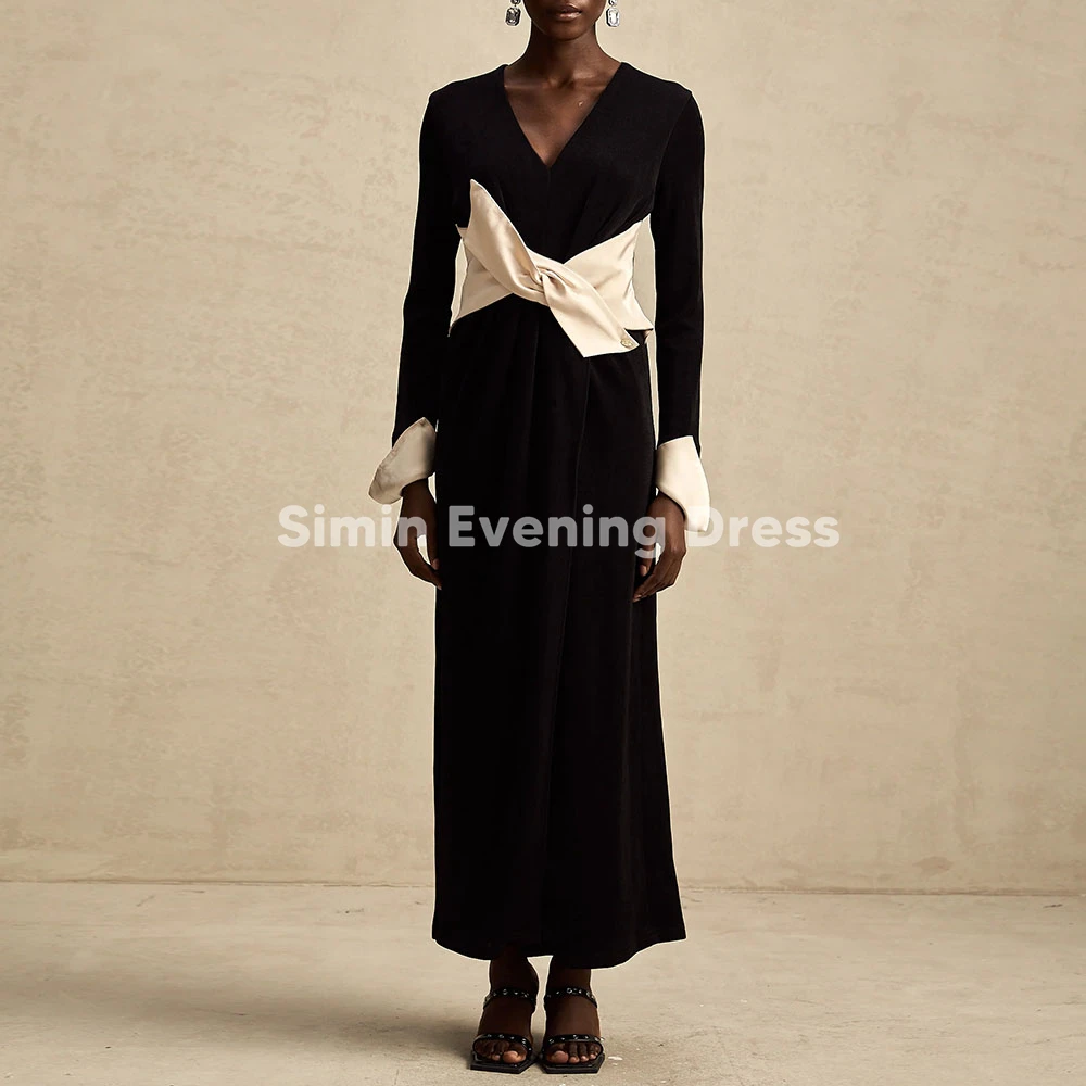 

Simin Индивидуальные женские прямые вечерние платья в Саудовской Аравии с v-образным вырезом и поясом с длинными рукавами, вечерние элегантные платья до щиколотки 2025