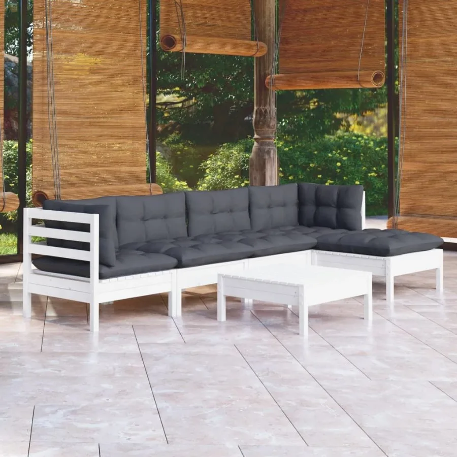 

6 Piece Patio Lounge Set with Cushions White Pinewood