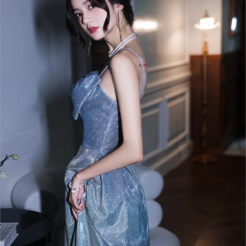 New Blue Color Long Sequined off-Shoulder Host Chorus Conductor Female Dress