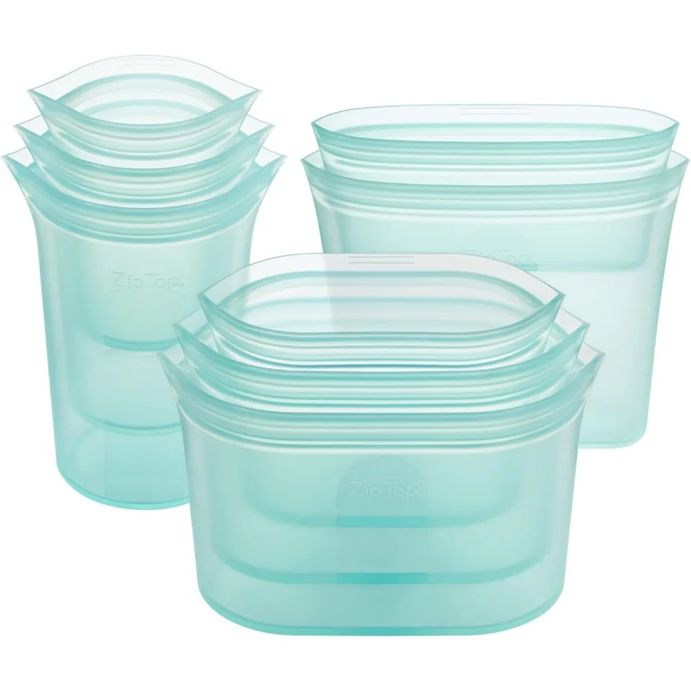

Set of 8 Zippered Silicone Food Storage Bags in Teal - Reusable, Microwave, Dishwasher and Freezer Safe Meal Prep Containers
