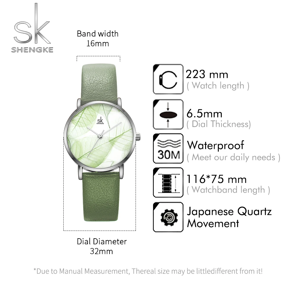 Shengke moda relógio para mulher verão folhas verdes dial relógio feminino pulseira de couro fino quartzo ultra fino caso feminino relógio