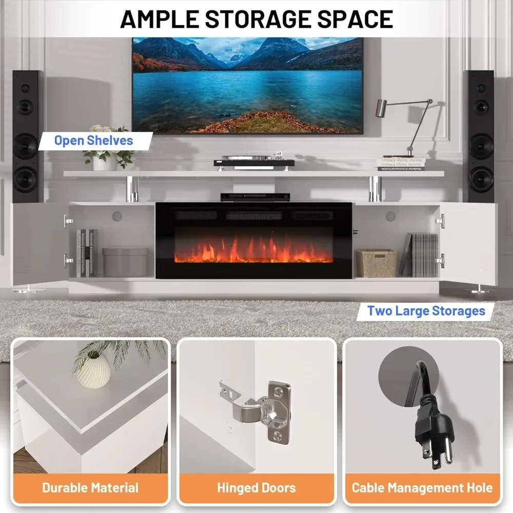 70-Inch White Contemporary Electric Fireplace TV Stand with Adjustable LED Flames and 36-Inch Heater