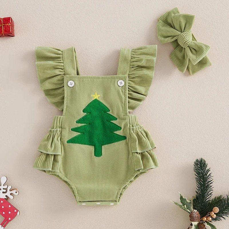 Baby Girl Overalls Romper Christmas Tree/Santa Embroidered Sleeveless Square Neck Corduroy Jumpsuits Headband 2 Pieces Sets