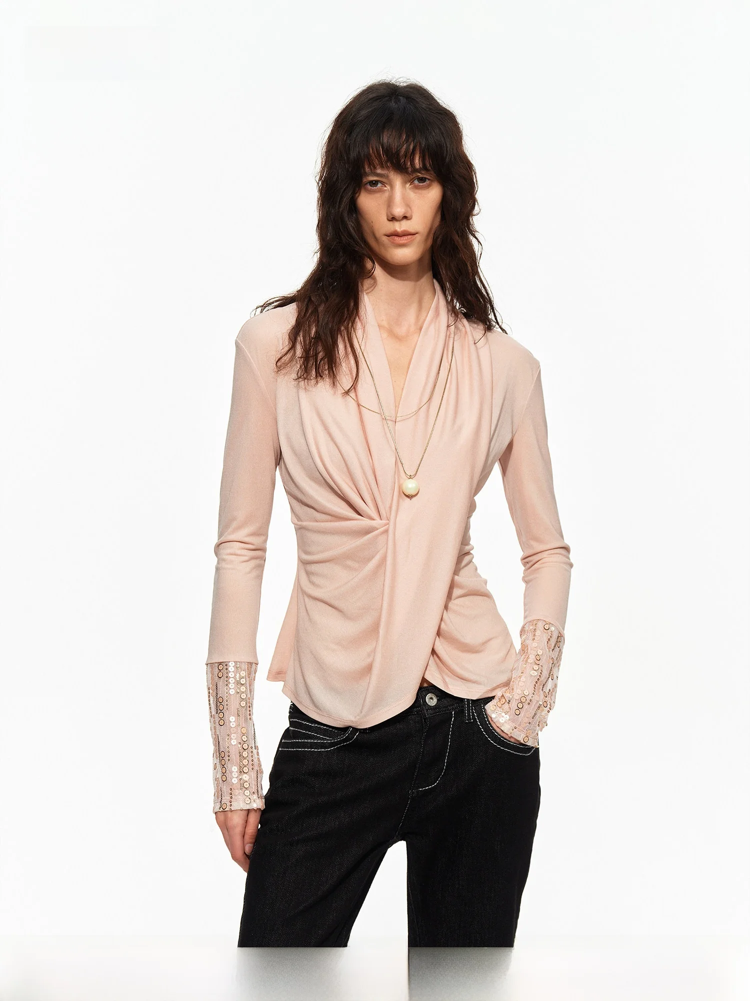 PRRP 88 Long Sleeve T-Shirt Women's Slim Fit Heavy Embroidery Cross Neckline Waist Cinching Pearl Bead Cuff Vintage Style Top