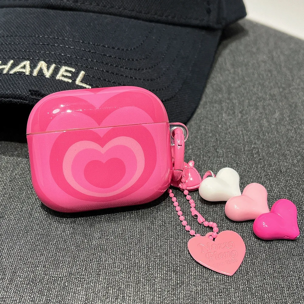 Korean Cute 3D Pink Gradual Change Love Heart Headphones Case For AirPods 1 2 3 4 Beads Pendant Soft Cover For AirPods Pro 2