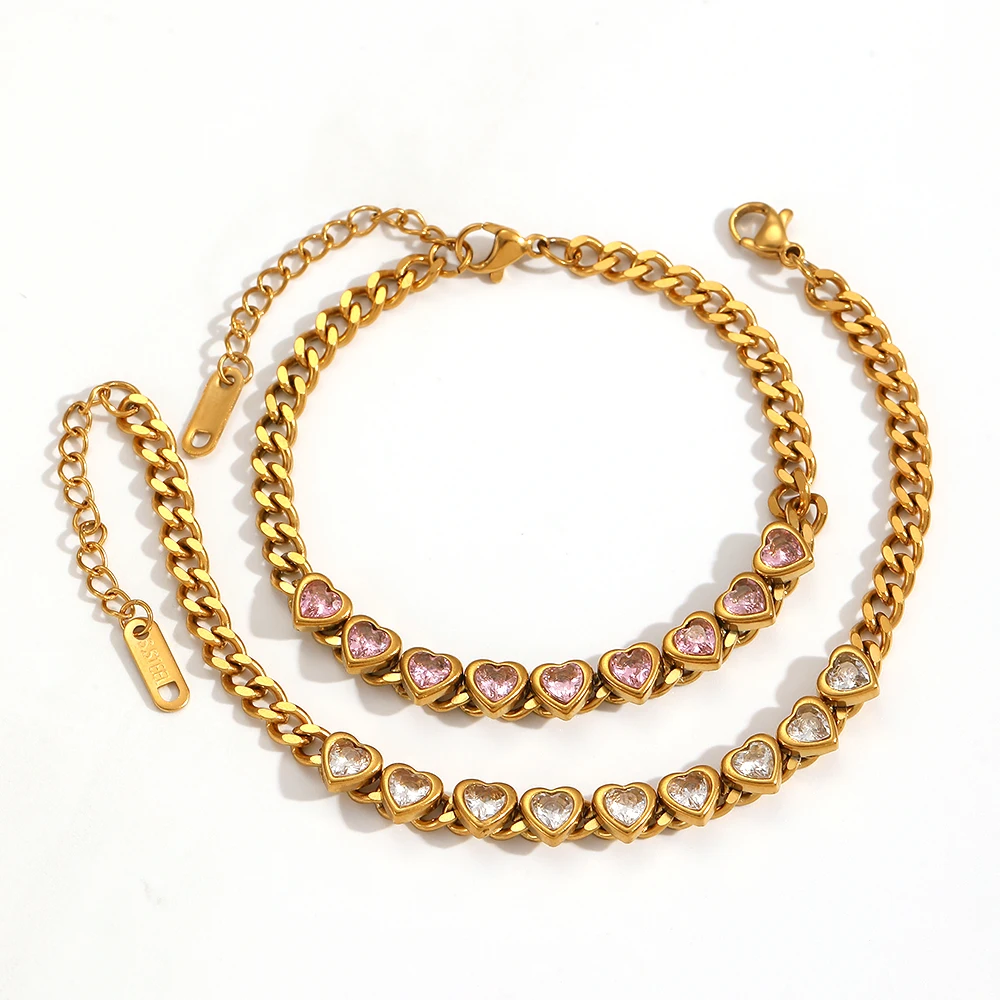 Luxuriöses, glänzendes, herzförmiges Armband aus Kubikzirkonia, Edelstahl, zarter Schmuck, wasserdichtes Charm-Kettenarmband als Geschenk. – Detail 3