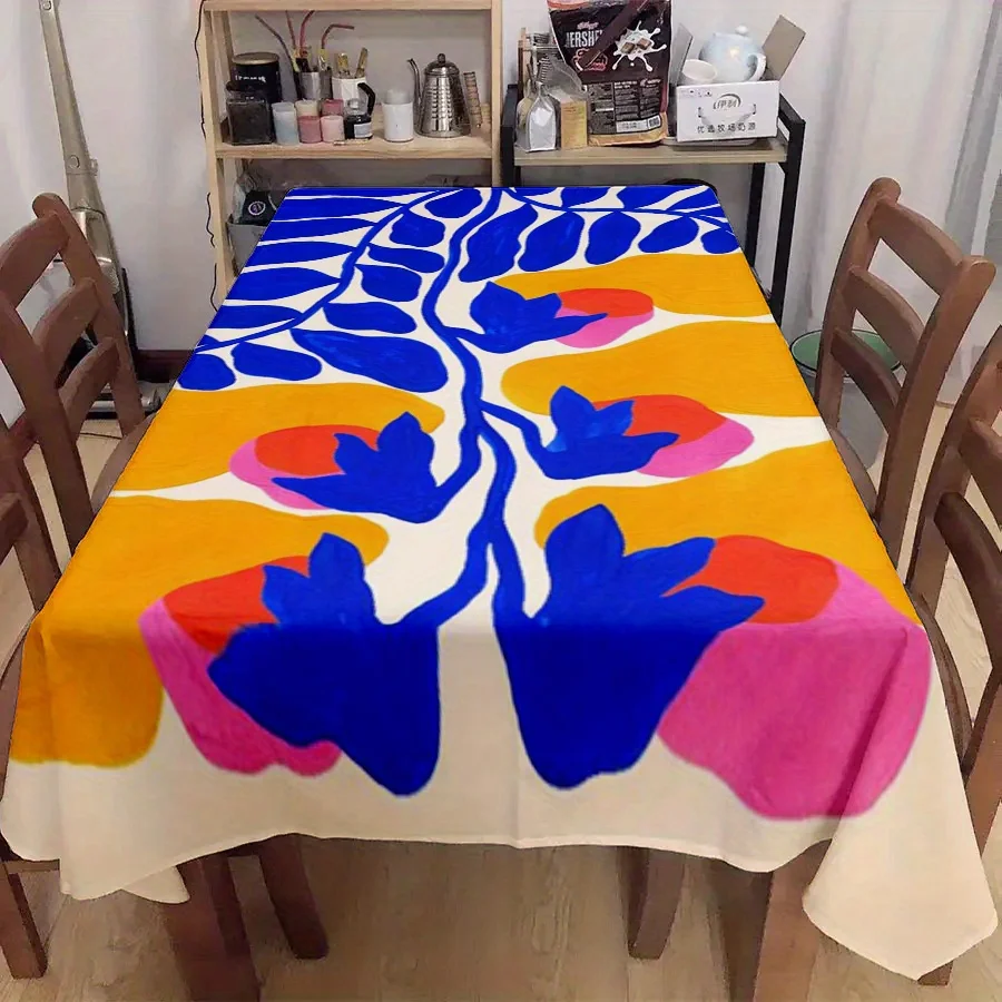 1pc Yellow & Blue Color-Blocking Branches & Leaves Tablecloth - Polyester Rectangular Table Cover for Kitchen, Dining, Bedroom
