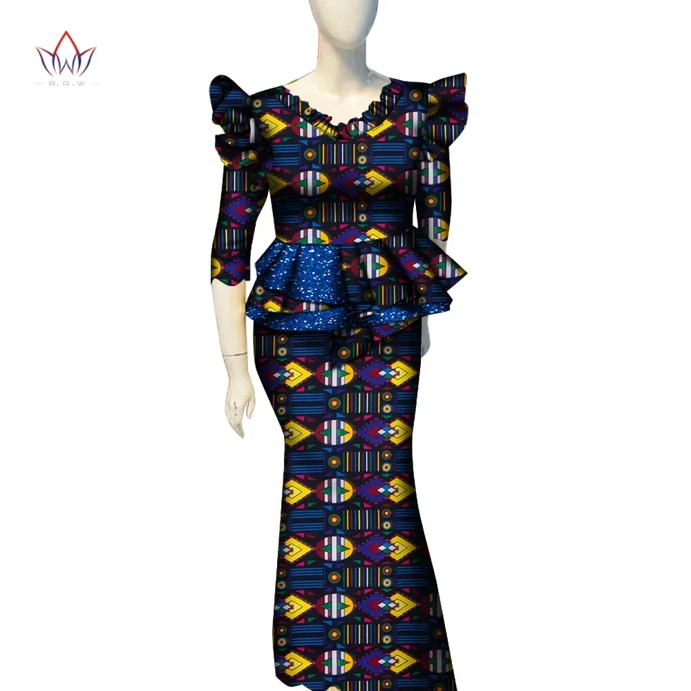 Saia Africana e Conjunto de Saia para Mulheres, Bazin Riche, Patchwork, Flower Ruffles, Roupa Tradicional, WY7149, Dashiki, 2 Pcs