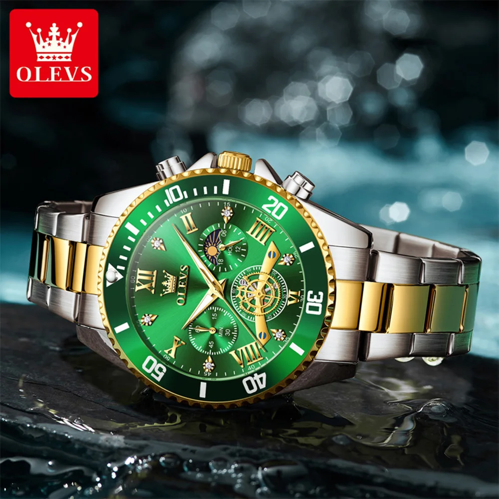 OLEVS 3732 Classic Genuine Quartz Movement Men Watch 24-hour Sun Moon Phase Dial 30m Waterproof Stylish Rotating Bezel Watch