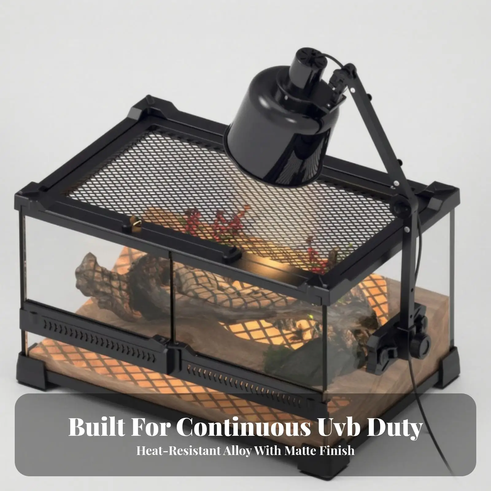Reptile Light Fixture Holder for Vivariums with Detachable Arm and Clamp Mount Single Head UVB Socket Metal Black