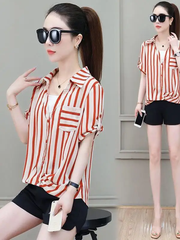 

Faionable Striped Chiffon irt Summer Sle Korean Version Collar ort Sve Loose Fit Polyester Fiber Casual Top