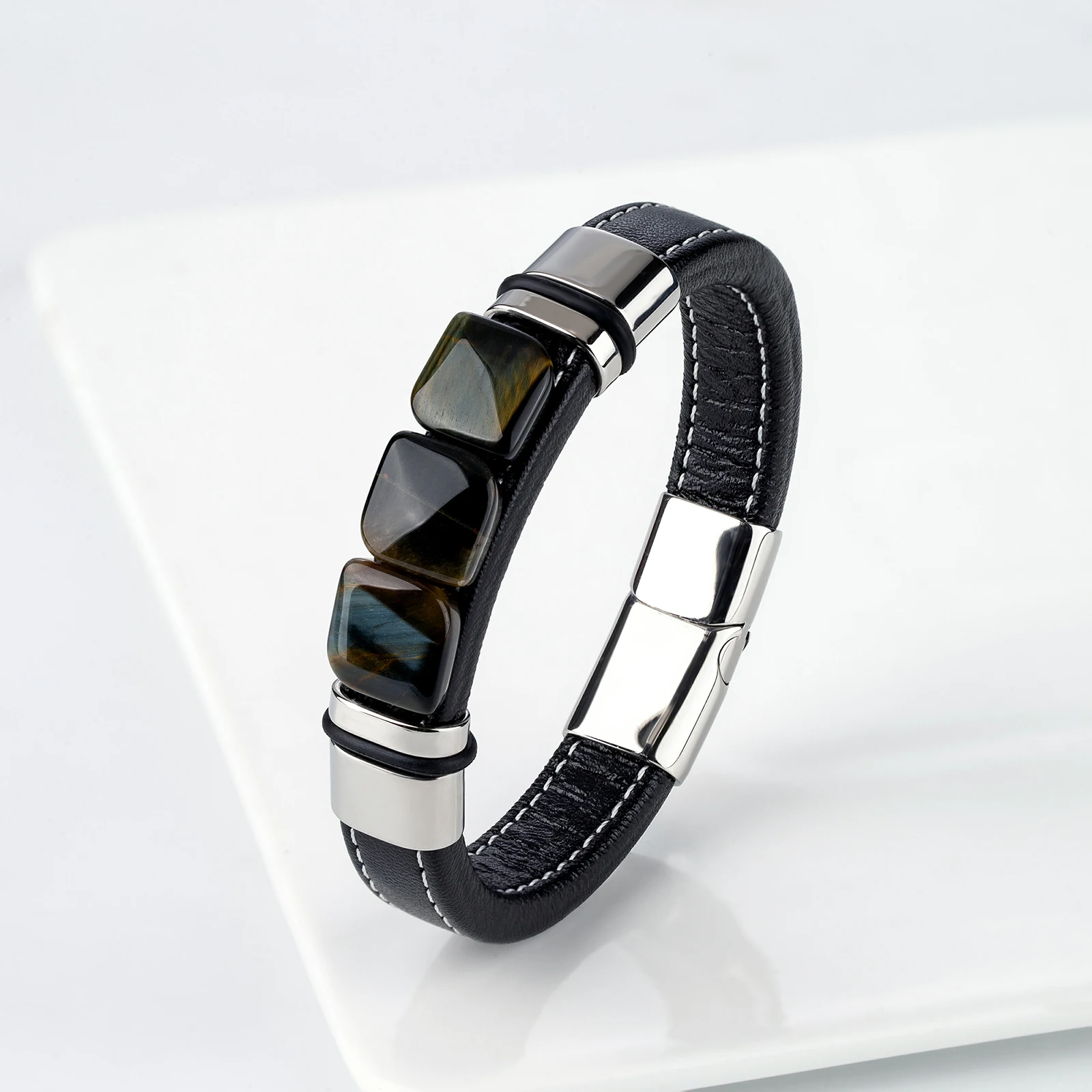New Multi Color 3 Square Natural Old Tiger Eye Vintage Jewelry Charm Wide Leather Rope Men's Stainless Steel Bracelet Jewelry - view 2