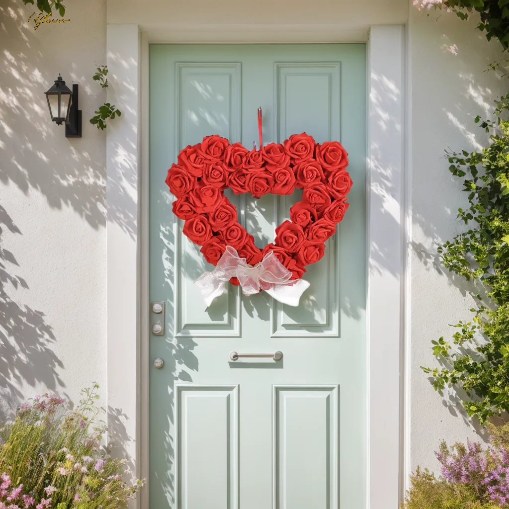 Uflower Valentine's Day Red Heart Love Wreath Decor Door Hanging Holiday Wreath Props Home Party Events Decor Girlfriend Gift