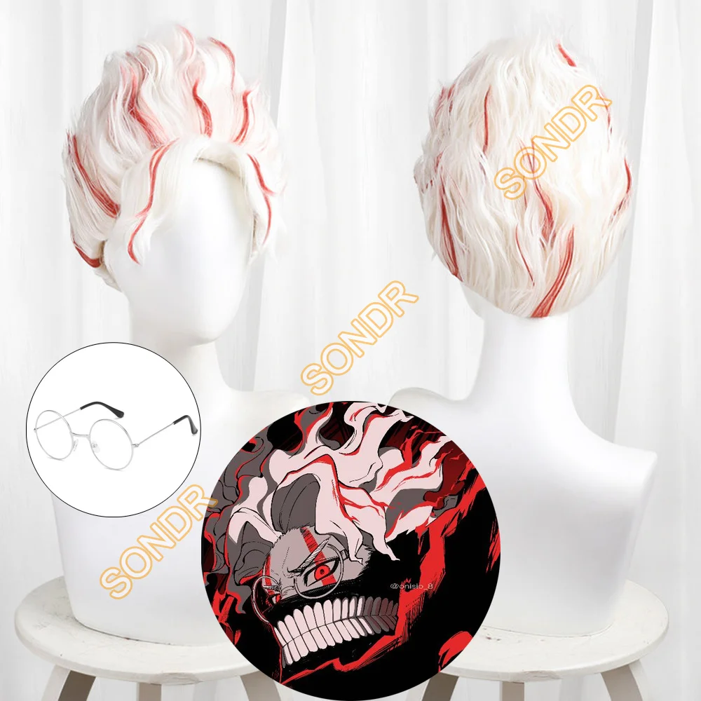 애니메이션 DAN DA DAN 타카쿠라 켄 오컬트 코스프레 가발 안경 남성 화이트 레드 짧은 곱슬 머리 할로윈 파티 카니발 합성 가발